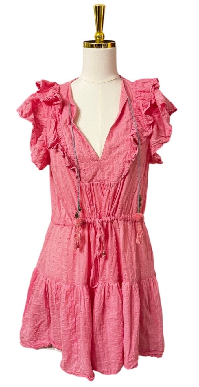 Bell Pink Swiss Dot Ruffle V-Neck Tiered Mini Dress with Hamsa Charm Tie, Size L
